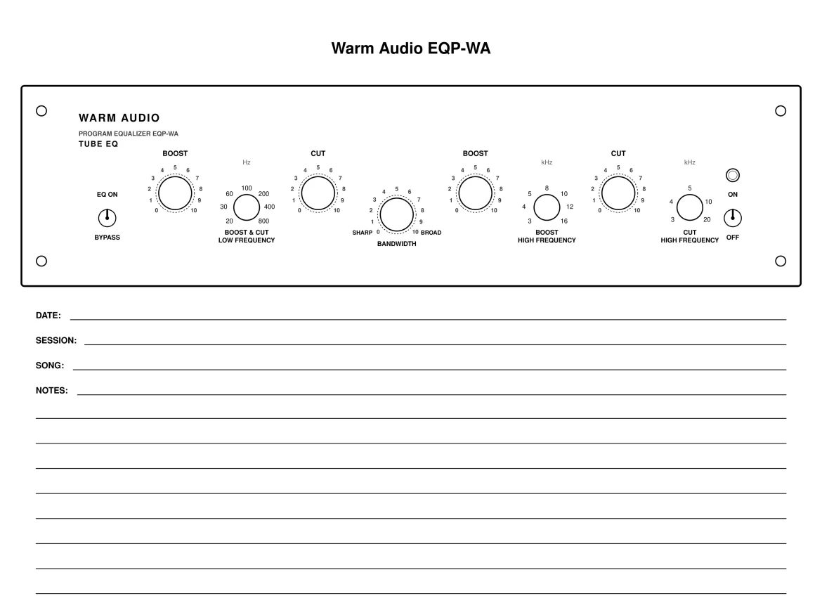 Warm Audio EQP-WA Recall Sheet (Pultec EQ style recall sheet)